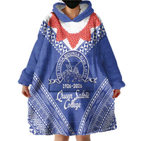 Queen Salote College 100 Years Personalized Wearable Blanket Hoodie Tonga QSC Heilala Lei Blue Ngatu Pattern