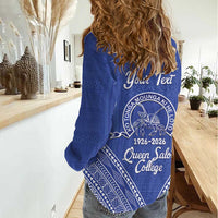 Queen Salote College 100 Years Personalized Women Casual Shirt Tonga QSC Heilala Lei Blue Ngatu Pattern