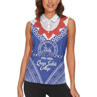 Queen Salote College 100 Years Personalized Women Sleeveless Polo Shirt Tonga QSC Heilala Lei Blue Ngatu Pattern