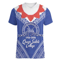Queen Salote College 100 Years Personalized Women V-Neck T-Shirt Tonga QSC Heilala Lei Blue Ngatu Pattern