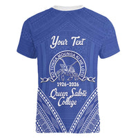 Queen Salote College 100 Years Personalized Women V-Neck T-Shirt Tonga QSC Heilala Lei Blue Ngatu Pattern