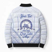 Queen Salote College 100 Years Personalized Bomber Puffer Jacket Tonga QSC Heilala Lei White Ngatu Pattern