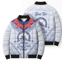 Queen Salote College 100 Years Personalized Bomber Puffer Jacket Tonga QSC Heilala Lei White Ngatu Pattern