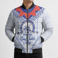 Queen Salote College 100 Years Personalized Bomber Puffer Jacket Tonga QSC Heilala Lei White Ngatu Pattern