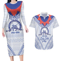 Queen Salote College 100 Years Personalized Couples Matching Long Sleeve Bodycon Dress and Hawaiian Shirt Tonga QSC Heilala Lei White Ngatu Pattern