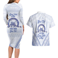 Queen Salote College 100 Years Personalized Couples Matching Long Sleeve Bodycon Dress and Hawaiian Shirt Tonga QSC Heilala Lei White Ngatu Pattern