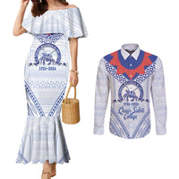 Queen Salote College 100 Years Personalized Couples Matching Mermaid Dress and Long Sleeve Button Shirt Tonga QSC Heilala Lei White Ngatu Pattern