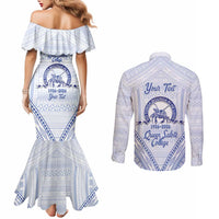 Queen Salote College 100 Years Personalized Couples Matching Mermaid Dress and Long Sleeve Button Shirt Tonga QSC Heilala Lei White Ngatu Pattern