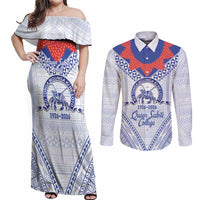 Queen Salote College 100 Years Personalized Couples Matching Off Shoulder Maxi Dress and Long Sleeve Button Shirt Tonga QSC Heilala Lei White Ngatu Pattern