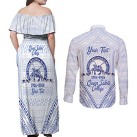 Queen Salote College 100 Years Personalized Couples Matching Off Shoulder Maxi Dress and Long Sleeve Button Shirt Tonga QSC Heilala Lei White Ngatu Pattern