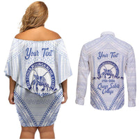 Queen Salote College 100 Years Personalized Couples Matching Off Shoulder Short Dress and Long Sleeve Button Shirt Tonga QSC Heilala Lei White Ngatu Pattern