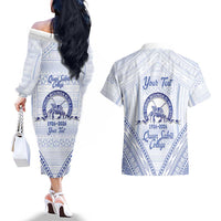 Queen Salote College 100 Years Personalized Couples Matching Off The Shoulder Long Sleeve Dress and Hawaiian Shirt Tonga QSC Heilala Lei White Ngatu Pattern