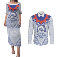 Queen Salote College 100 Years Personalized Couples Matching Puletasi and Long Sleeve Button Shirt Tonga QSC Heilala Lei White Ngatu Pattern