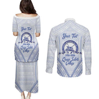 Queen Salote College 100 Years Personalized Couples Matching Puletasi and Long Sleeve Button Shirt Tonga QSC Heilala Lei White Ngatu Pattern