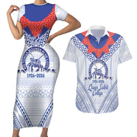 Queen Salote College 100 Years Personalized Couples Matching Short Sleeve Bodycon Dress and Hawaiian Shirt Tonga QSC Heilala Lei White Ngatu Pattern