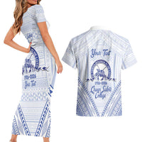 Queen Salote College 100 Years Personalized Couples Matching Short Sleeve Bodycon Dress and Hawaiian Shirt Tonga QSC Heilala Lei White Ngatu Pattern