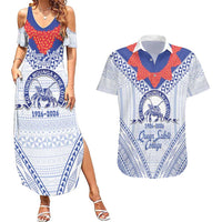 Queen Salote College 100 Years Personalized Couples Matching Summer Maxi Dress and Hawaiian Shirt Tonga QSC Heilala Lei White Ngatu Pattern