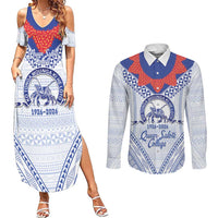 Queen Salote College 100 Years Personalized Couples Matching Summer Maxi Dress and Long Sleeve Button Shirt Tonga QSC Heilala Lei White Ngatu Pattern