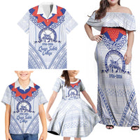 Queen Salote College 100 Years Personalized Family Matching Off Shoulder Maxi Dress and Hawaiian Shirt Tonga QSC Heilala Lei White Ngatu Pattern