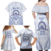 Queen Salote College 100 Years Personalized Family Matching Off Shoulder Maxi Dress and Hawaiian Shirt Tonga QSC Heilala Lei White Ngatu Pattern