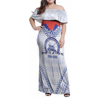 Queen Salote College 100 Years Personalized Family Matching Off Shoulder Maxi Dress and Hawaiian Shirt Tonga QSC Heilala Lei White Ngatu Pattern