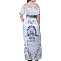 Queen Salote College 100 Years Personalized Family Matching Off Shoulder Maxi Dress and Hawaiian Shirt Tonga QSC Heilala Lei White Ngatu Pattern