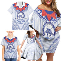 Queen Salote College 100 Years Personalized Family Matching Off Shoulder Short Dress and Hawaiian Shirt Tonga QSC Heilala Lei White Ngatu Pattern