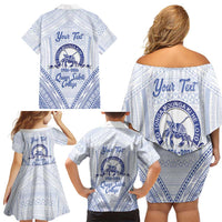 Queen Salote College 100 Years Personalized Family Matching Off Shoulder Short Dress and Hawaiian Shirt Tonga QSC Heilala Lei White Ngatu Pattern