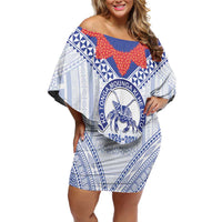 Queen Salote College 100 Years Personalized Family Matching Off Shoulder Short Dress and Hawaiian Shirt Tonga QSC Heilala Lei White Ngatu Pattern