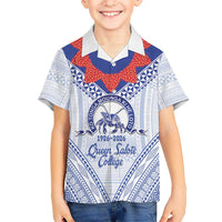 Queen Salote College 100 Years Personalized Family Matching Off Shoulder Short Dress and Hawaiian Shirt Tonga QSC Heilala Lei White Ngatu Pattern