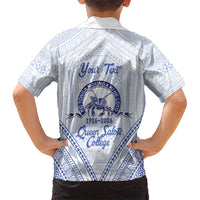 Queen Salote College 100 Years Personalized Family Matching Puletasi and Hawaiian Shirt Tonga QSC Heilala Lei White Ngatu Pattern