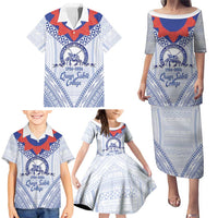 Queen Salote College 100 Years Personalized Family Matching Puletasi and Hawaiian Shirt Tonga QSC Heilala Lei White Ngatu Pattern