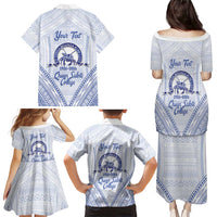 Queen Salote College 100 Years Personalized Family Matching Puletasi and Hawaiian Shirt Tonga QSC Heilala Lei White Ngatu Pattern