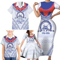 Queen Salote College 100 Years Personalized Family Matching Short Sleeve Bodycon Dress and Hawaiian Shirt Tonga QSC Heilala Lei White Ngatu Pattern