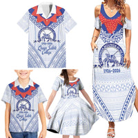 Queen Salote College 100 Years Personalized Family Matching Summer Maxi Dress and Hawaiian Shirt Tonga QSC Heilala Lei White Ngatu Pattern