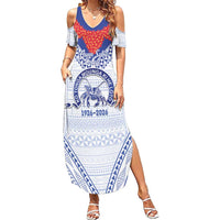 Queen Salote College 100 Years Personalized Family Matching Summer Maxi Dress and Hawaiian Shirt Tonga QSC Heilala Lei White Ngatu Pattern