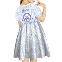 Queen Salote College 100 Years Personalized Kid Short Sleeve Dress Tonga QSC Heilala Lei White Ngatu Pattern