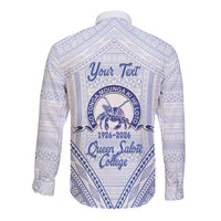 Queen Salote College 100 Years Personalized Long Sleeve Button Shirt Tonga QSC Heilala Lei White Ngatu Pattern