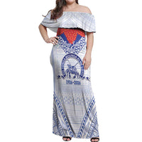 Queen Salote College 100 Years Personalized Off Shoulder Maxi Dress Tonga QSC Heilala Lei White Ngatu Pattern