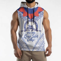 Queen Salote College 100 Years Personalized Sleeveless Hoodie Tonga QSC Heilala Lei White Ngatu Pattern