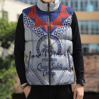 Queen Salote College 100 Years Personalized Sleeveless Puffer Jacket Tonga QSC Heilala Lei White Ngatu Pattern