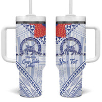 Queen Salote College 100 Years Personalized Tumbler With Handle Tonga QSC Heilala Lei White Ngatu Pattern