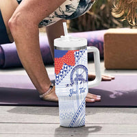 Queen Salote College 100 Years Personalized Tumbler With Handle Tonga QSC Heilala Lei White Ngatu Pattern