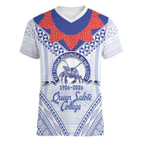 Queen Salote College 100 Years Personalized Women V-Neck T-Shirt Tonga QSC Heilala Lei White Ngatu Pattern