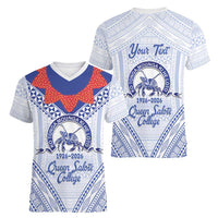Queen Salote College 100 Years Personalized Women V-Neck T-Shirt Tonga QSC Heilala Lei White Ngatu Pattern