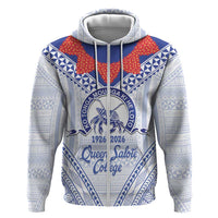 Queen Salote College 100 Years Personalized Zip Hoodie Tonga QSC Heilala Lei White Ngatu Pattern