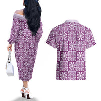 Poni Palaka Quilt Hawaii Couples Matching Off The Shoulder Long Sleeve Dress and Hawaiian Shirt Hawaiian Tropical Monstera Sea Turtle