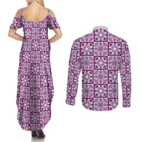 Poni Palaka Quilt Hawaii Couples Matching Summer Maxi Dress and Long Sleeve Button Shirt Hawaiian Tropical Monstera Sea Turtle