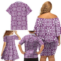 Poni Palaka Quilt Hawaii Family Matching Off Shoulder Short Dress and Hawaiian Shirt Hawaiian Tropical Monstera Sea Turtle