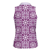 Poni Palaka Quilt Hawaii Women Sleeveless Polo Shirt Hawaiian Tropical Monstera Sea Turtle